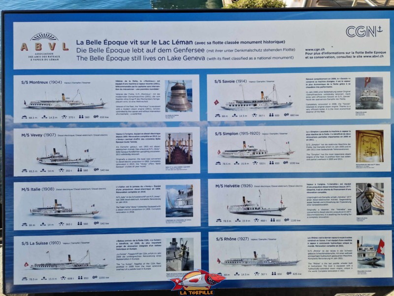 Un panneau listant les bateaux CGN de la Belle Époque.