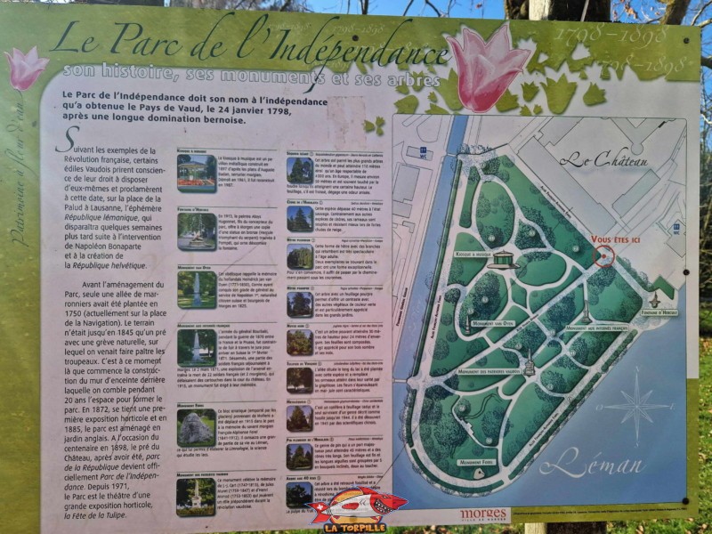 Un plan des sculptures et arbres qui se trouvent dans le parc de l'Indépendance. morges