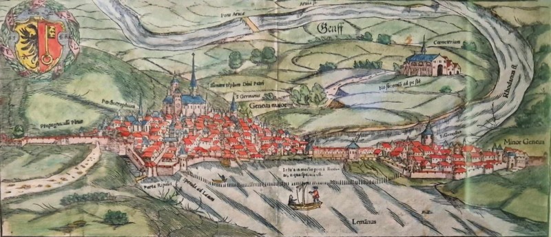 La magnifique gravure en bois de la ville de Genève en 1548 du suisse Hans Rudolf Manuel Deutsch. On remarque la présence des murailles médiévales autour de la ville. Genève et Calvin. Musée international de la Réforme.