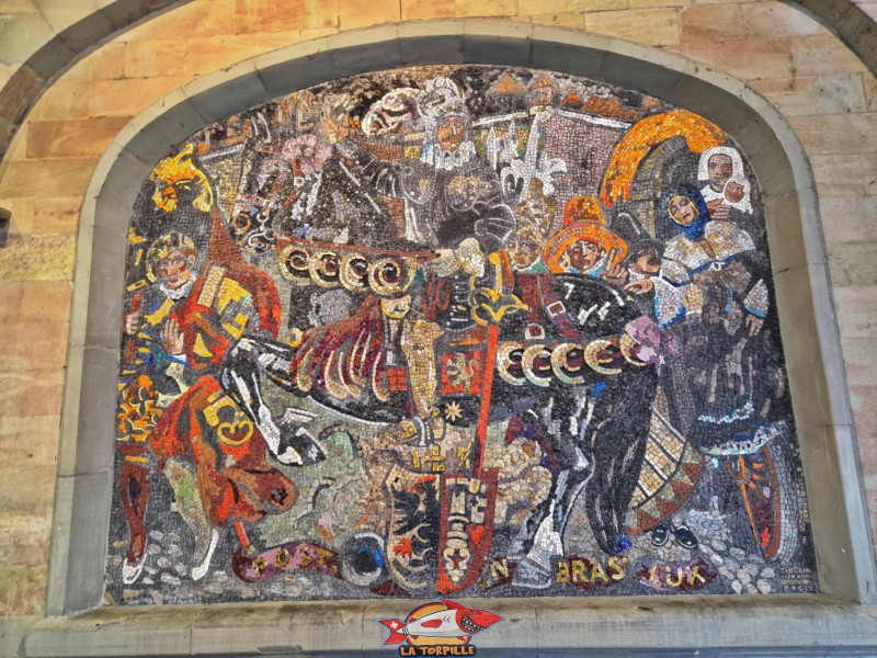 La fresque "Le héraut accueille ici les réfugiés Huguenots". Ancien arsenal. Genève