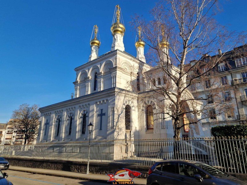 Côté ouest, Angle rue François-Le-Fort (gauche) et rue Rodolphe-Toepffer (droite). Eglise orthodoxe russe de Genève