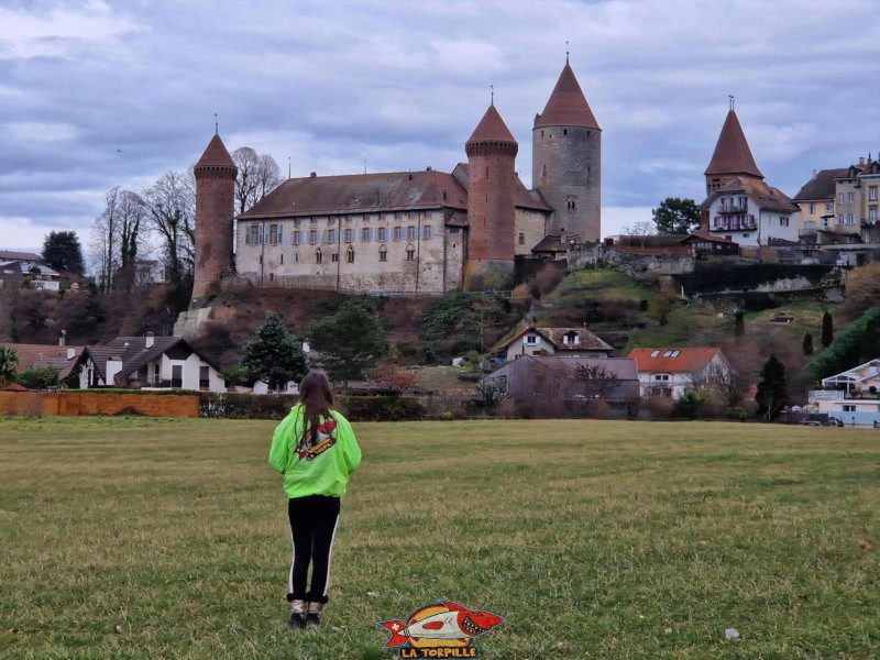 La vue sur le château de Chenaux depuis le bord du lac de Neuchâtel.