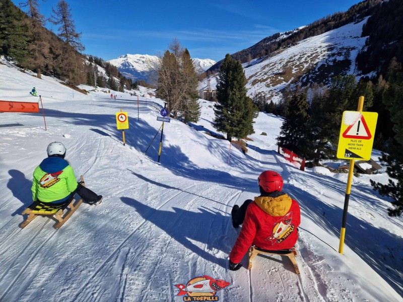 Le passage dans une zone boisée. Piste de luge de Tortin - Siviez, val de Nendaz.