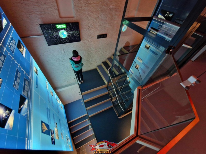 Escalier Rez → 1er, Un visiteur regardant un écran qui permet de prendre conscience des nombreux objets en orbite autour de la terre. Espace Ballon, Château d'Oex, Pays-d'Enhaut, Vaud. Suisse.