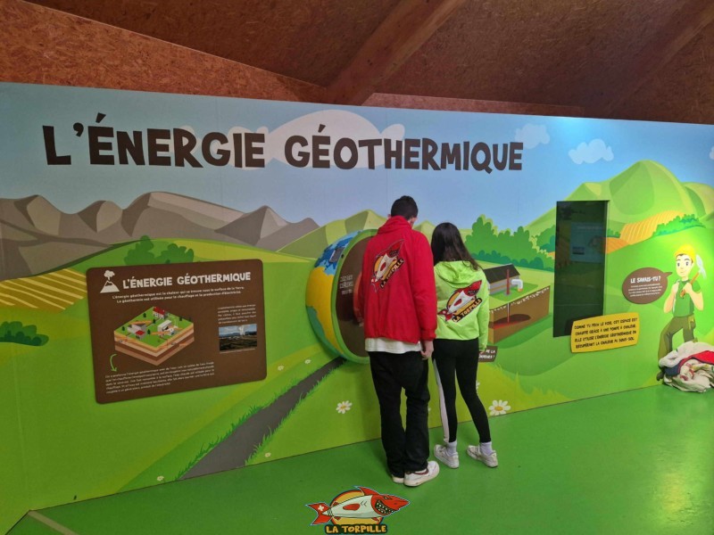Le panneau sur l'énergie géothermique (terre). Pavillon des Énergies Renouvelables. Tropiquarium de Servion, région Lavaux-Oron, canton de Vaud.