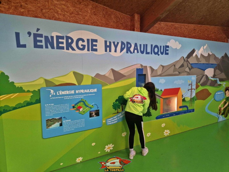 Le panneau sur l'énergie hydraulique (eau). Pavillon des Énergies Renouvelables. Tropiquarium de Servion, région Lavaux-Oron, canton de Vaud.
