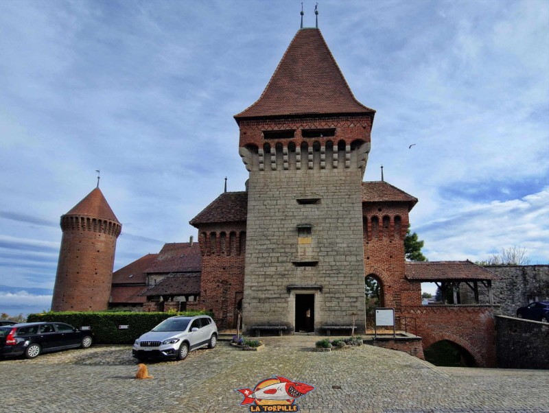 Le côté sud-ouest avec la barbacane comme premier élément défensif. Le corps du château se trouve derrière la barbacane. 
