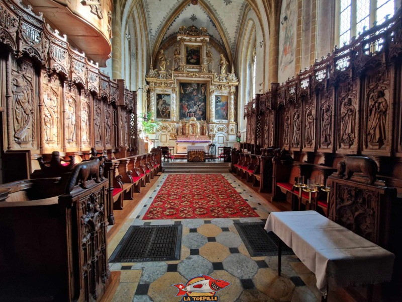 Choeur, Stalles. Collégiale Saint-Laurent d'Estavayer-le-Lac, église catholique, broye, canton de Fribourg.