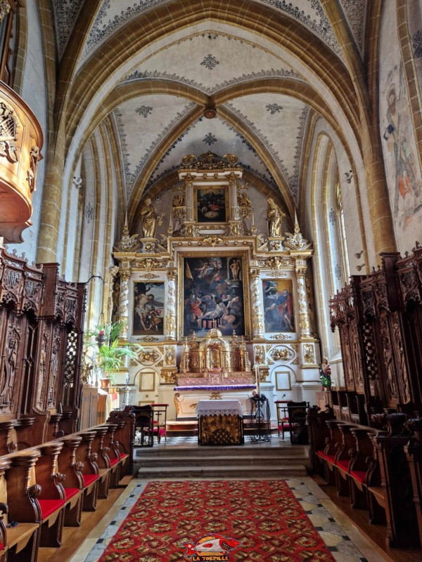Choeur, Vue d'ensemble. Collégiale Saint-Laurent d'Estavayer-le-Lac, église catholique, broye, canton de Fribourg.