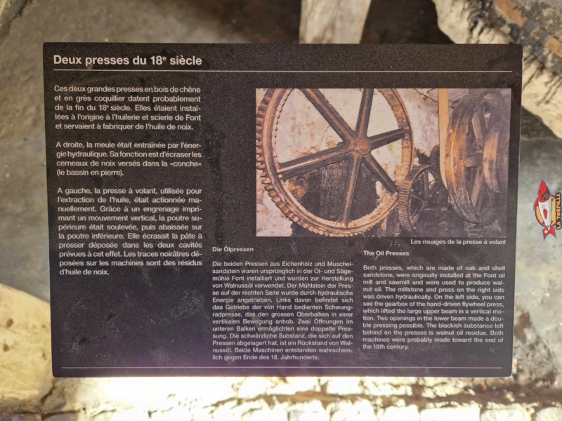 Un des panneaux didactiques expliquant le fonctionnement des presses et la fabrication de l'huile de noix. Musée d'Estavayer et ses Grenouilles, Broye, Canton de Fribourg.