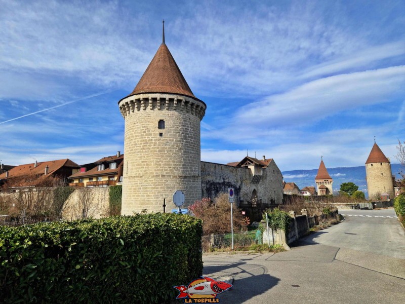 La tour de l'écureuil. En arrière-plan, le château de Chaux. Sur la gauche, les chemin des Écureuils. Sur la droite, la rue de la Vy-Neuve.