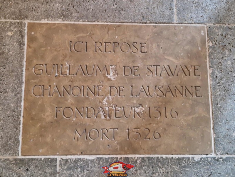 La plaque en souvenir de Guillaume de Stavaye, fondateur du monastère en 1316. Église. Monastère des Dominicaines, Estavayer-le-Lac, Broye, Canton de Fribourg.