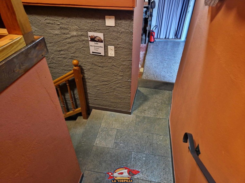 L'escalier qui descend depuis la salle de la ville quotidienne en direction des trois suivantes. Sur la gauche, l'escalier qui descend à la salle des grenouilles. Tout droit, l'accès à la salle sur la vie domestique suivie par celle consacrée aux expositions temporaires. Musée d'Estavayer et ses Grenouilles, Broye, Canton de Fribourg.