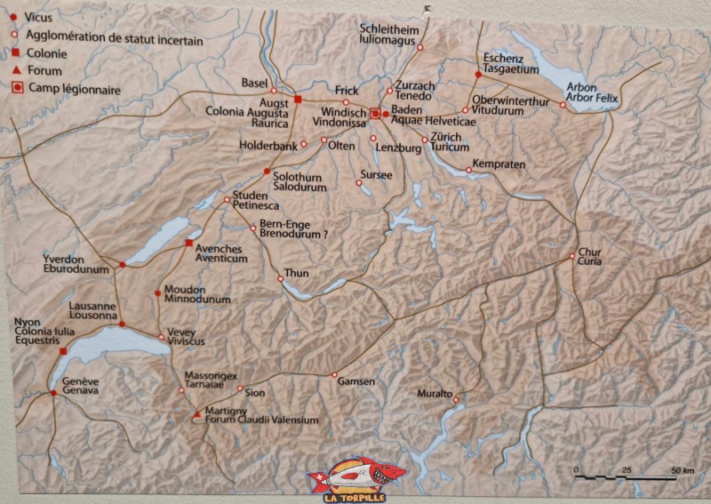 La carte des villes romaines sur la territoire de la Suisse actuelle, du 1 au 3e siècle ap. J.-C. Musée Romain d'Avenches, canton de Vaud.
