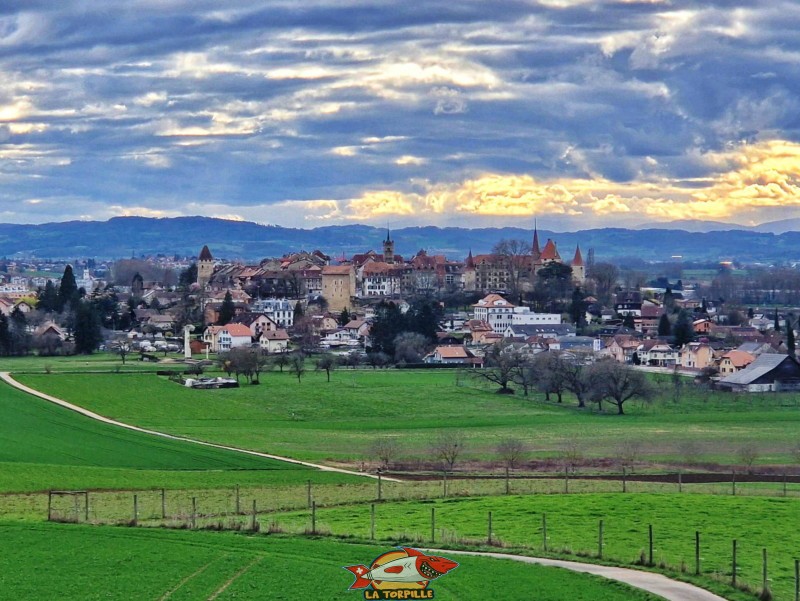 La vue sur la colline d'Avenches depuis le porte romaine de l'est. On peut voir de gauche à droite, la tour de Benneville, la tour au-dessus des arènes, le clocher de l'église Ste-Madelaine et le château. Musée Romain d'Avenches, canton de Vaud.