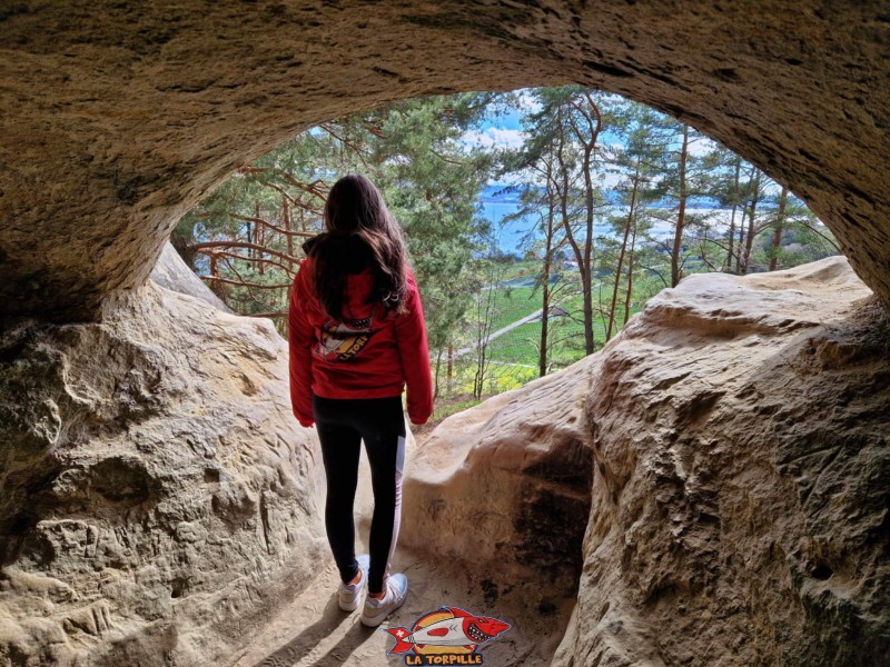 Une ouverture depuis l'intérieur des grottes avec le paysage du Vully et le lac de Morat. Grottes des Roches Grises de la Lamberta, Lugnorre, Mont-Vully.