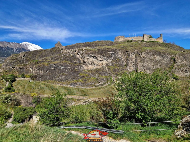 La vue sur la colline de Tourbillon depuis le sentier d'accès à Valère. Forteresse, château, basilique de Valère, Sion, Valais.