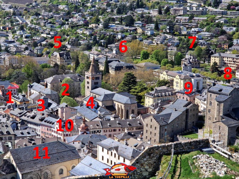Le Palais du Gouvernement (1), L'Évêché (2), L'église St-Théodule (3), La cathédrale (4), l'école (5), le collège (6), la tour des Sorciers(7), la Majorie (8), le Vidomnat (9), l'Hôtel de Ville (10), l'église des Jésuites (11).