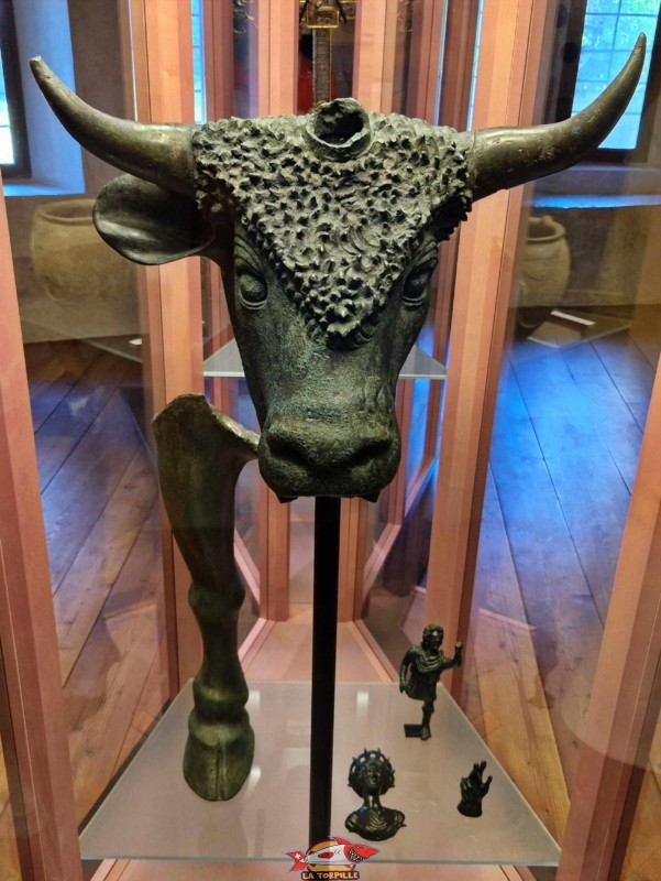 La copie des restes du taureau en bronze avec une patte et la tête au musée d'histoire de Sion. Les originaux se trouvent au musée gallo-romain de la fondation Gianadda à Martigny.