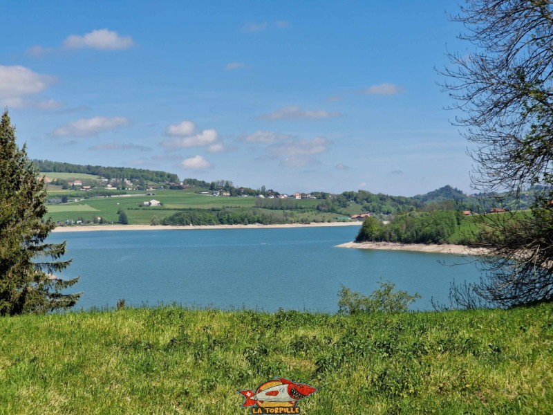 La vue, direction nord, depuis le château de Corbière. Le lac de la Gruyère.