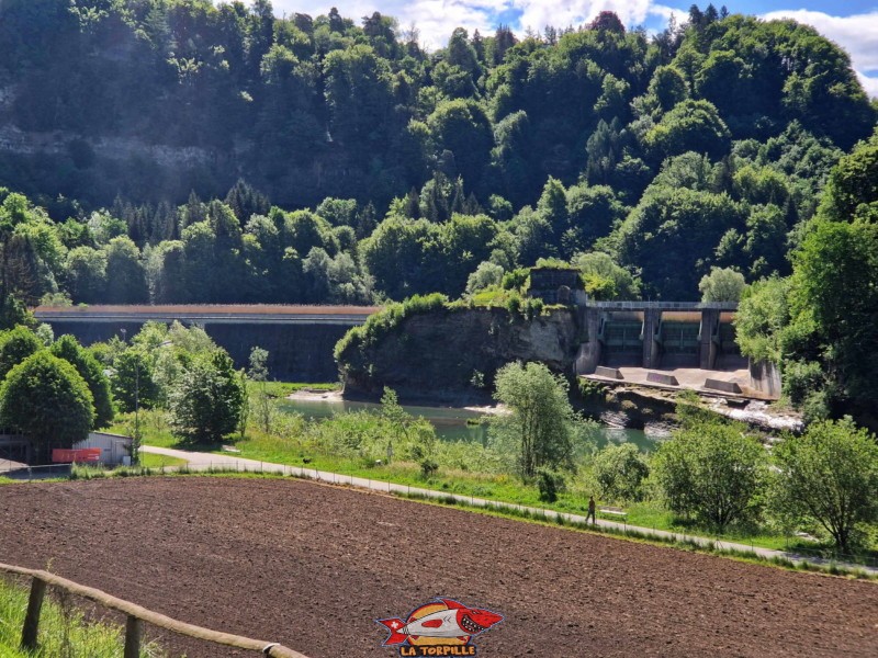 Le barrage sur la gauche avec les roseaux du lac de Pérolles. Sur la droite, les évacuateurs de crue.