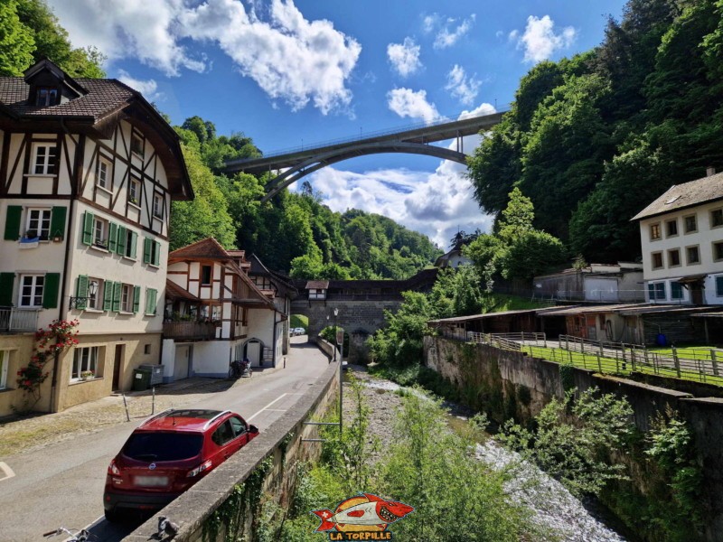 La petite route du chemin du Gottéron avec laquelle on remonte le cours de la rivière. Sur la droite, le quartier de La Palme.