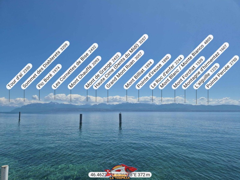 La vue direction Sud-Est depuis la plage du Plongeon à Perroy. Les Diablerets, les Cornettes de Bise, les Dents du Midi, le Mont Blanc.