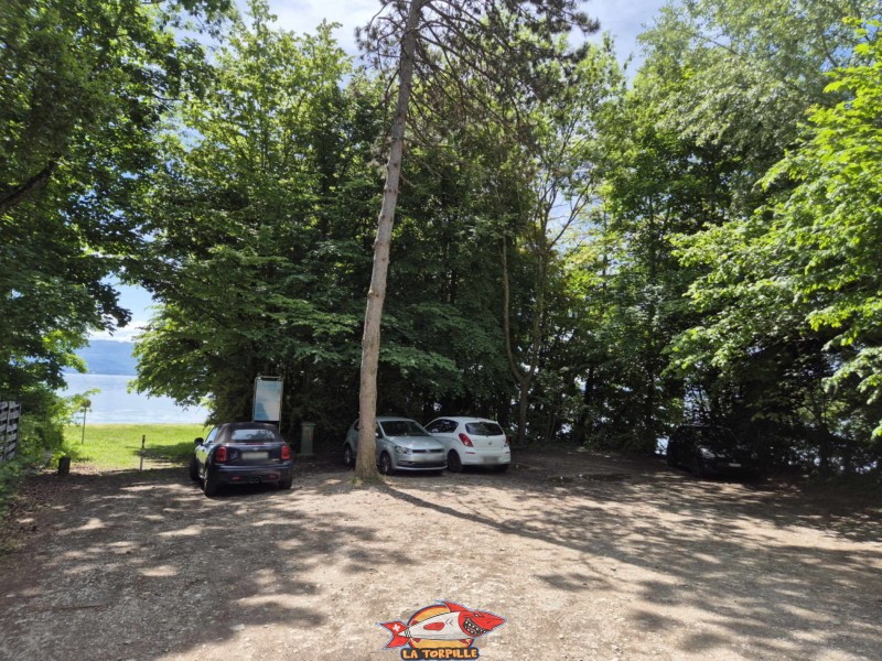 Le parking entre la route de Genève et à quelques mètres de la plage. la plage de Fleur d'Eau. Bursinel, Rolle, Léman, canton de Vaud. Le parking entre la route de Genève et à quelques mètres de la plage. la plage de Fleur d'Eau. Bursinel, Rolle, Léman, canton de Vaud.