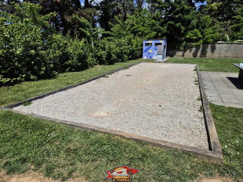 zone de pelouse au-dessus de la plage. Plage de la Falaise, Gland. Léman, canton de Vaud.