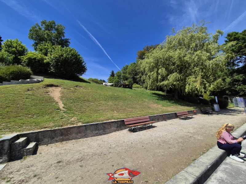 Plage, escaliers. Plage de la Falaise, Gland. Léman, canton de Vaud.