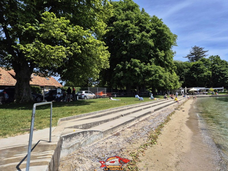 Des escaliers permettent d'accéder au lac et une étroite bande de sable. zone route. Plage de Promenthoux, Prangins, Léman.