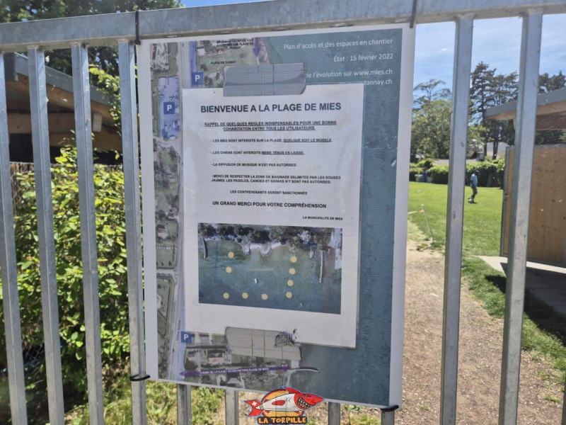 Une image qui montre la zone de baignade délimitée par des bouées jaunes. plage de Mies, région de Nyon, bord du Léman. 