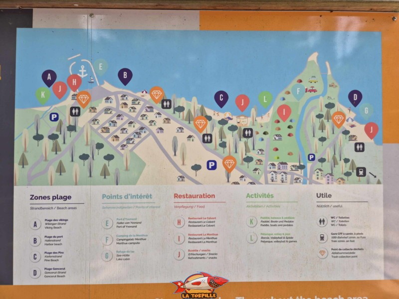 Le plan des plages d'Yvonand proposé par la commune. Plage et base nautique, les Vikings, Yvonand, lac de Neuchâtel.