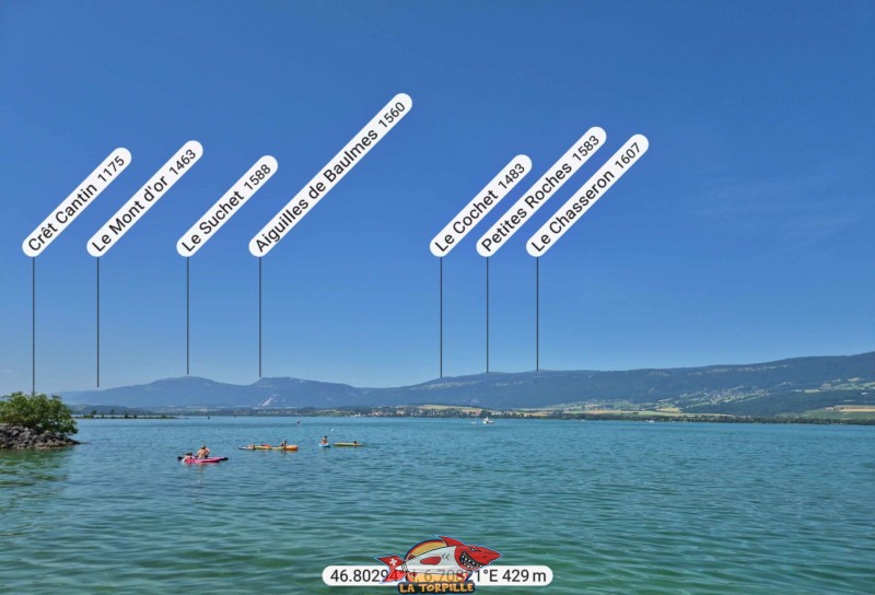 La vue, direction ouest, depuis la plage de Châble-Perron. Les Aiguilles de Baulmes, le Chasseron. La vue, direction ouest, depuis la plage de Châble-Perron. Les Aiguilles de Baulmes, le Chasseron.