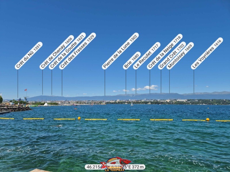 Le panorama, direction ouest, depuis le quai de Cologny vers la chaine du Jura. Pierre de la Lune, Crêt du Nû, Crêt de Chenay, Crêt de la Goutte, Crêt des Frasses. Le panorama, direction ouest, depuis le quai de Cologny vers la chaine du Jura. Pierre de la Lune, Crêt du Nû, Crêt de Chenay, Crêt de la Goutte, Crêt des Frasses.