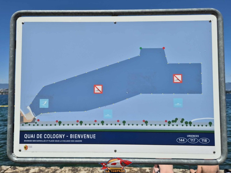 Un plan qui montre la zone de baignade, en bas, en bleu clair. La zone en bleu foncé est réservée au wakeboard et au ski nautique depuis Tropical Corner. Un plan qui montre la zone de baignade, en bas, en bleu clair. La zone en bleu foncé est réservée au wakeboard et au ski nautique depuis Tropical Corner.