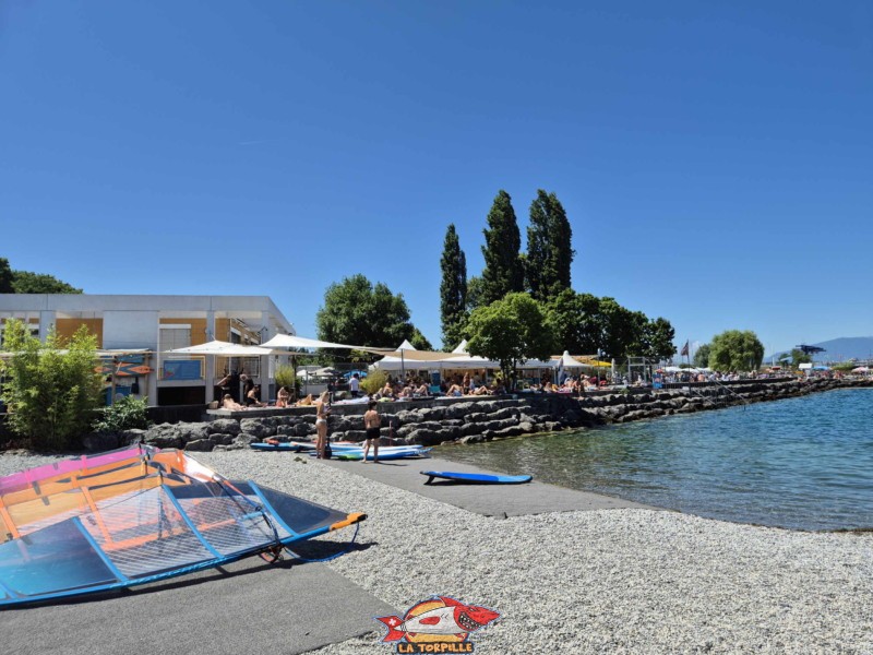 deck en bois recouvre la digue côté sud. Tropical Corner, Cologny, rive gauche rade de Genève.