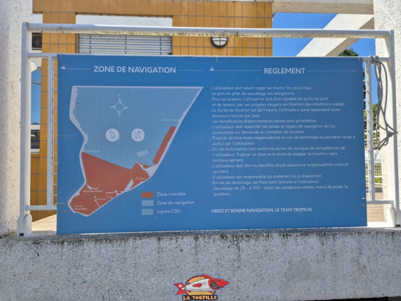Une carte qui monte en rouge les zones interdites à la navigation dans la rade de Genève. Tropical Corner, Cologny, rive gauche rade de Genève. Une carte qui monte en rouge les zones interdites à la navigation dans la rade de Genève. Tropical Corner, Cologny, rive gauche rade de Genève.