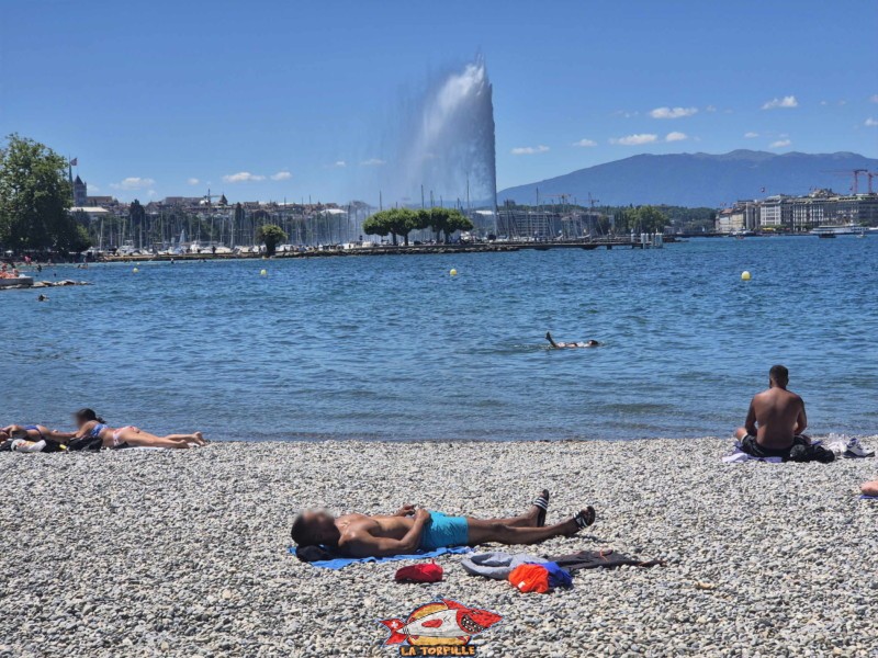 Le Jet d'Eau depuis la plage des Eaux-Vives. Genève