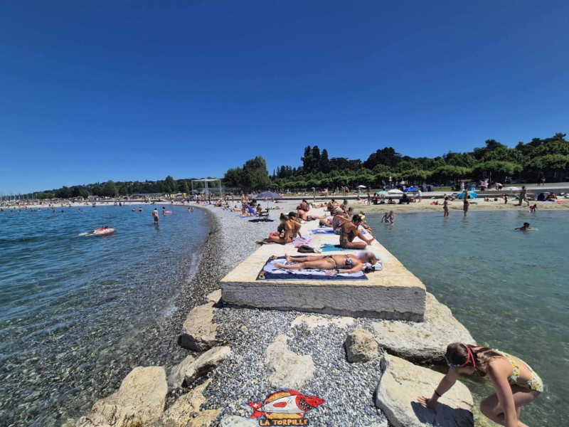 Baby-Plage, Côté Eaux-Vives. La digue qui sépare Baby-Plage (droite) de la plage des Eaux-Vives (gauche). Baby-Plage, Côté Eaux-Vives. La digue qui sépare Baby-Plage (droite) de la plage des Eaux-Vives (gauche).