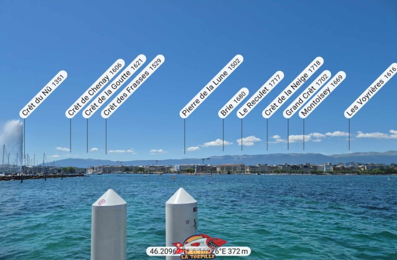 Le panorama, direction ouest, depuis le débarcadère des Eaux-Vives, vers la chaine du Jura. Pierre de la Lune, Crêt du Nû, Crêt de Chenay, Crêt de la Goutte, Crêt des Frasses.