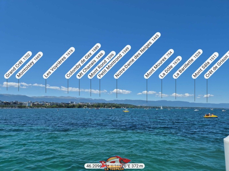 Le panorama, direction nord-ouest, depuis le débarcadère des Eaux-Vives, vers la chaine du Jura. Notre-Dame des Neiges, La Dôle, Grand Montrond.