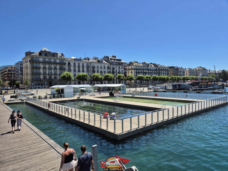 La vue sur les bains du Jet d'Eau depuis la jetée des Eaux-Vives. Rive gauche rade de Genève.