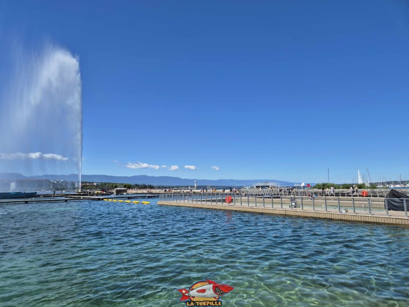 La vue sur les bains du Jet d'Eau depuis le quai Gustave-Ader. Rive gauche rade de Genève.