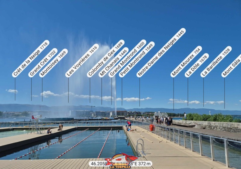 Le panorama, direction nord-ouest, depuis les Bains du Jet d'Eau, vers la chaine du Jura. Notre-Dame des Neiges, La Dôle, Grand Montrond.