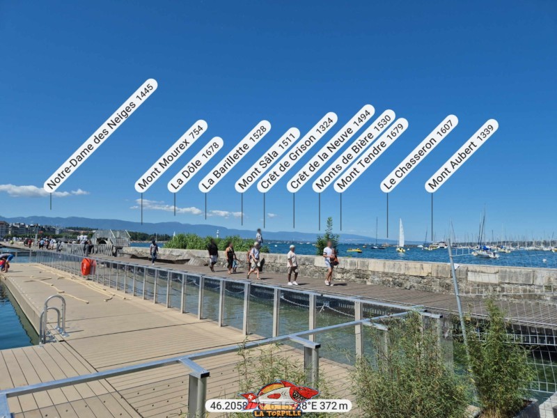 Le panorama, direction nord, depuis les Bains du Jet d'Eau, vers la chaine du Jura. La Dôle, La Barillette, Le Mont Tendre, Le Chasseron.