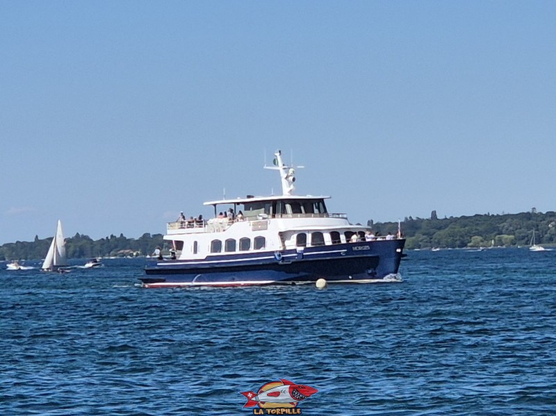Un bateau nouvelle génération de la CGN. Espace de baignade du quai Wilson, Rive droite, rade de Genève.