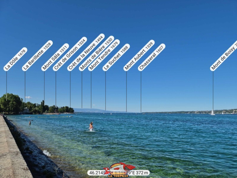 Le panorama, direction nord, depuis le quai Wilson, vers la chaine du Jura. La Barillette, La Dôle, Le Mont Tendre, Le Suchet, Le Chasseral.