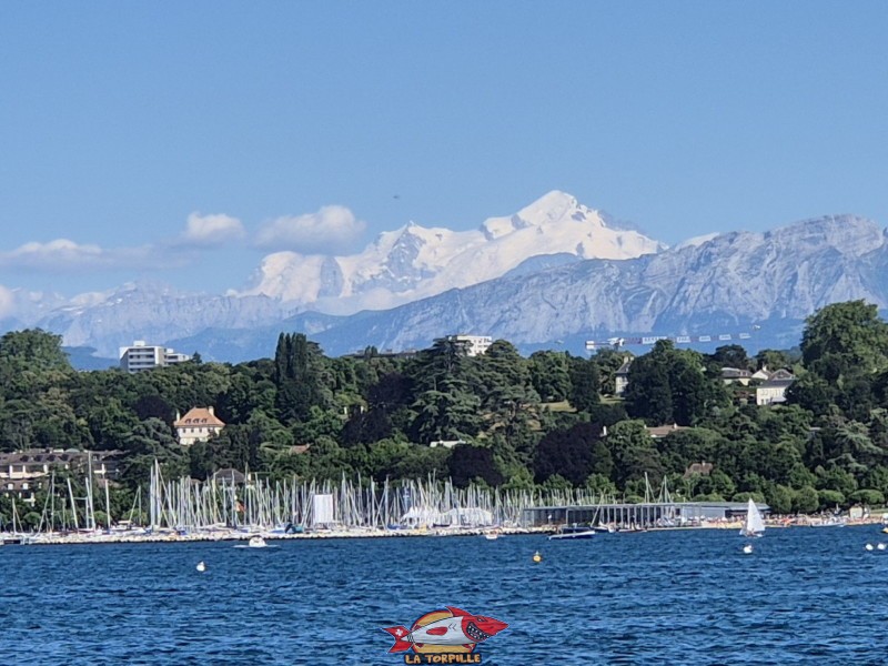 Le Mont-Blanc avec Port-Noir, sur la rive gauche de la rade de Genève. Plage de la perle du lac, geneve.