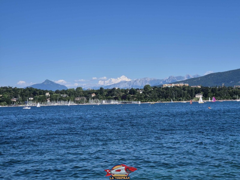 La vue sur la rive gauche de la rade de Genève avec le Mont Blanc. Plage de la perle du lac, geneve.